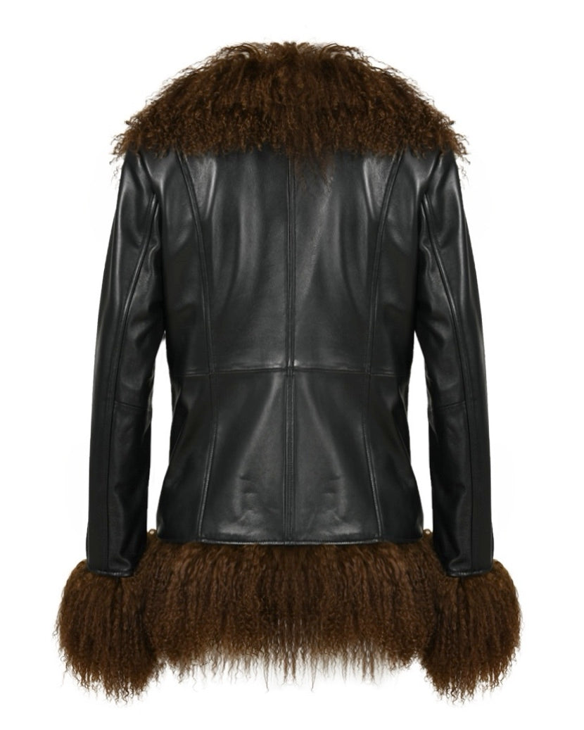 A black leather coat with Mongolian fur designed by MVFURS