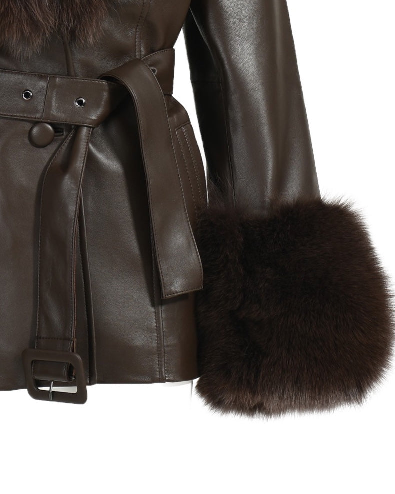 Women dark brown leather coat with fur designed by MVFURS