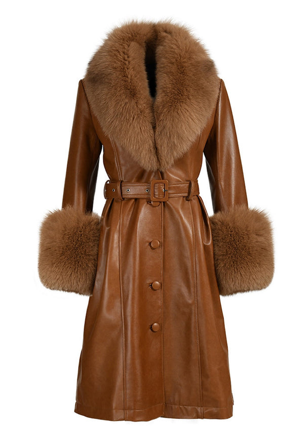 Caramel Leather Trench Coat with Fox Fur