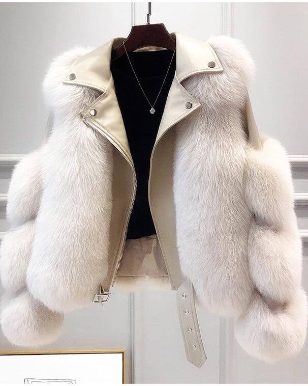 A white genuine leather and fox fur coat called "Tavia" designed by MVFURS.