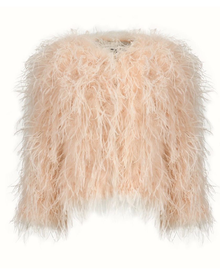 A beige feather coat, an ideal statement piece to wear over dresses for a bold, fashionable look.