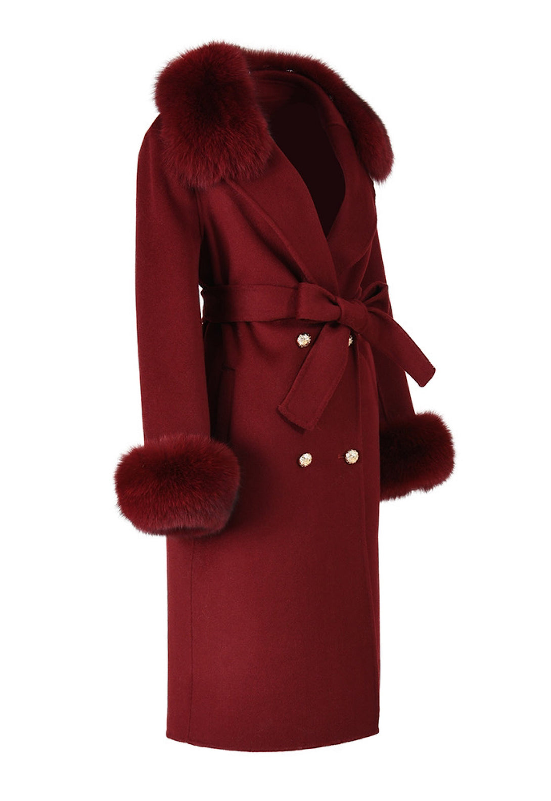 A stylish burgundy coat featuring fox fur accents along the collar and cuffs. The combination of classic tailoring and luxurious fur adds a refined touch to the timeless design.