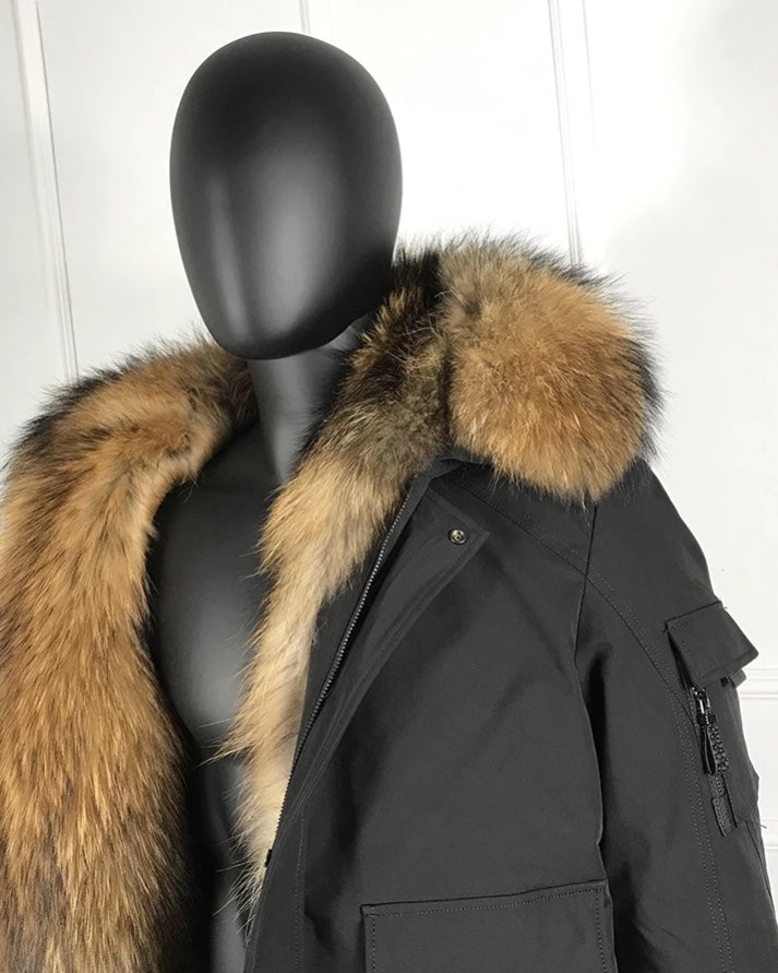 A bomber fur parka featuring a plush fur interior and a durable exterior. The jacket's design offers both warmth and a trendy aesthetic, ideal for winter activities