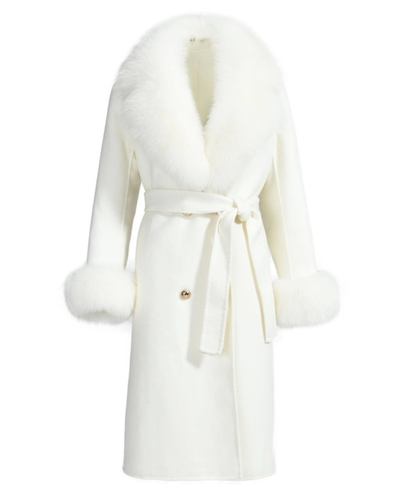 A chic white cashmere coat, highlighted by gold button details and soft beige fox fur cuffs