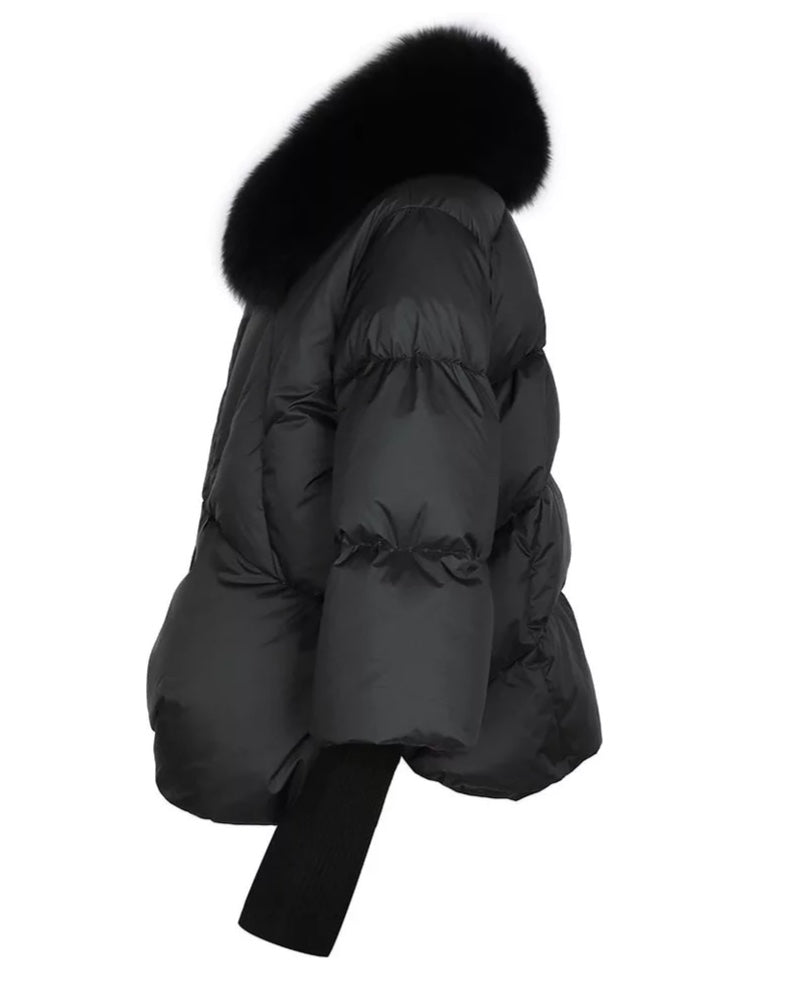Women black parka with fox fur designed by MVFURS