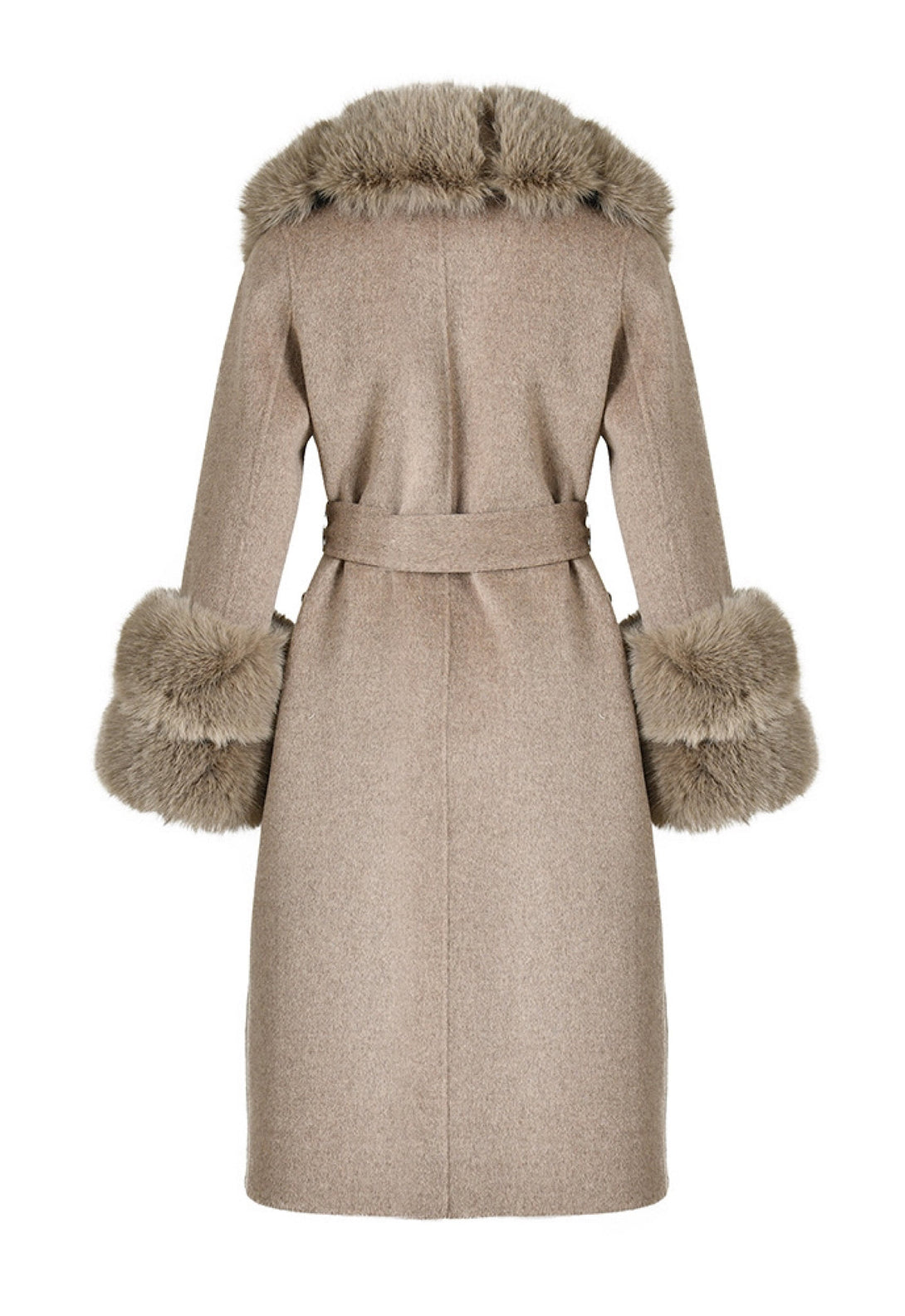 The grey cashmere coat with premium faux fur provides a soft texture and timeless design, ideal for any occasion.