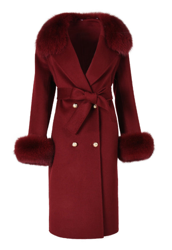 Burgundy Cashmere Coat with Fox Fur