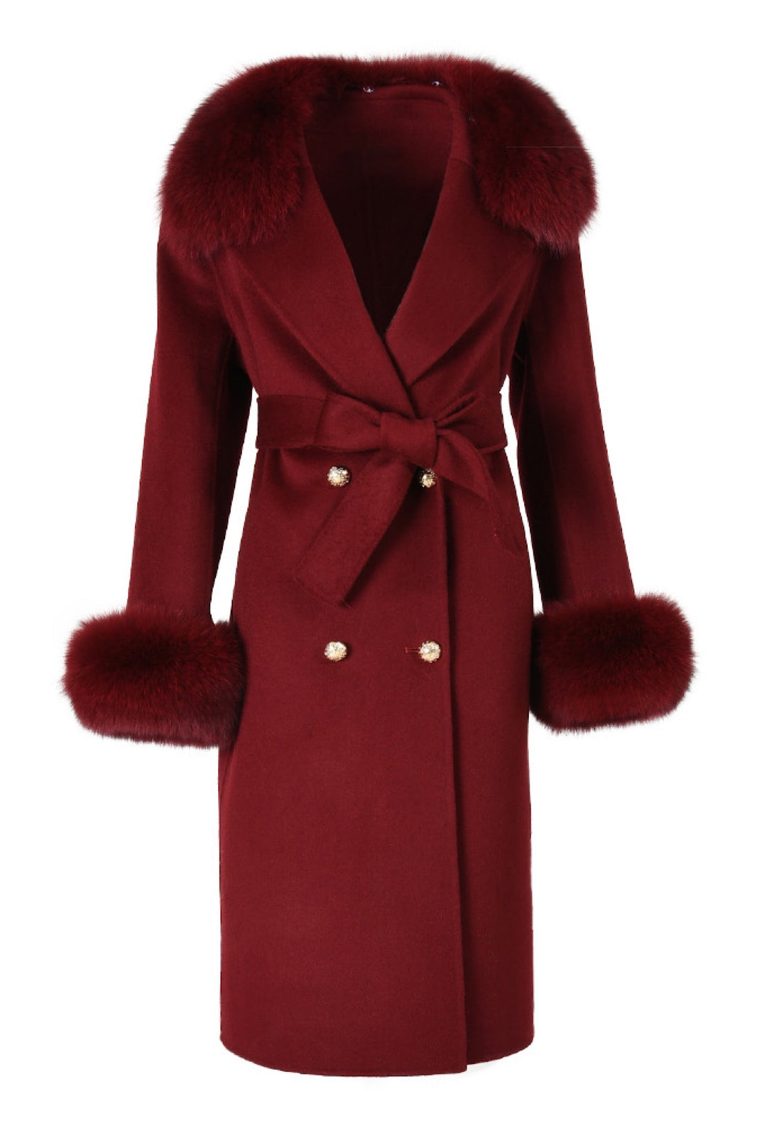 A luxurious burgundy classic coat adorned with rich fox fur accents. The coat’s deep color and plush fur details exude elegance and warmth, perfect for a sophisticated winter look.