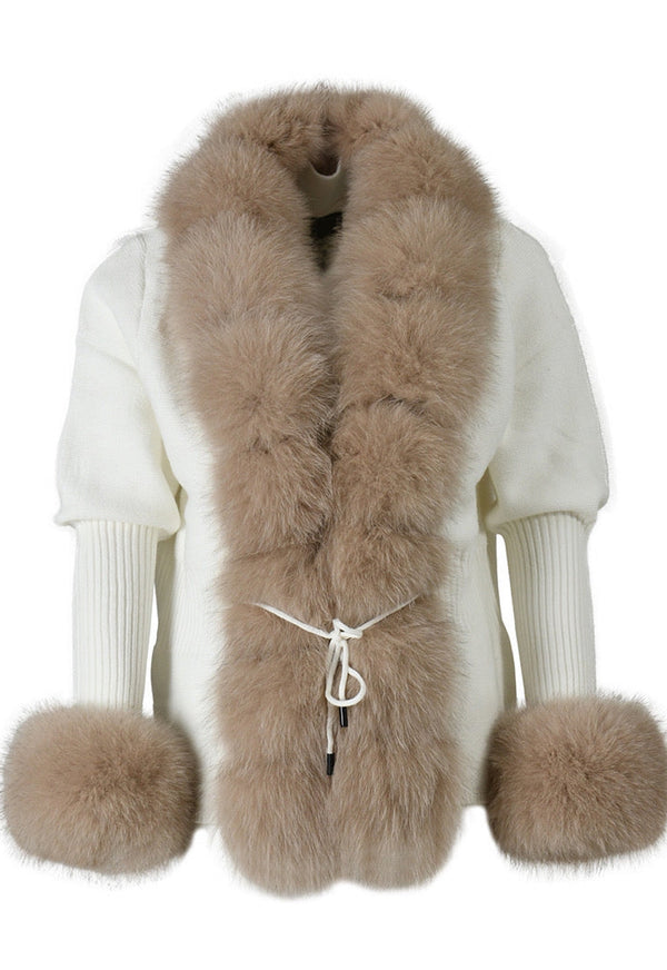 Off White Cashmere Cardigan with Fox Fur
